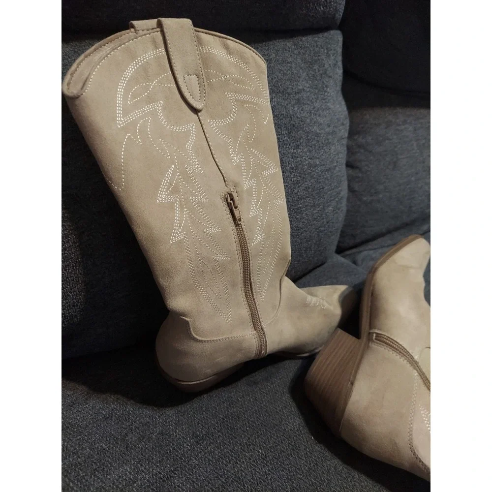 No Boundaries Boots Womens 9 Knee High Tall Riding Heels Tan Fabric Half Zip Y2k
